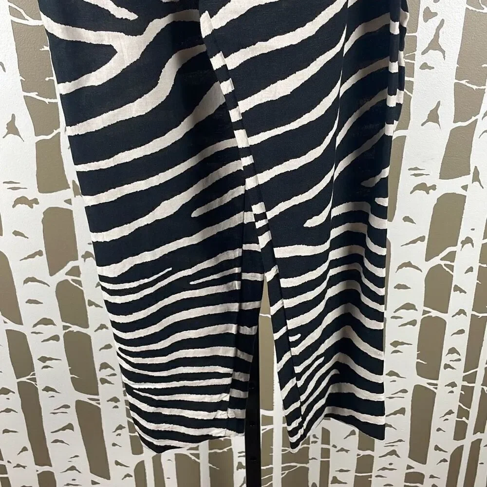 Linen Blend Zebra Print High Rise Paper Bag Waist Tapered Cropped Pants NEW 6